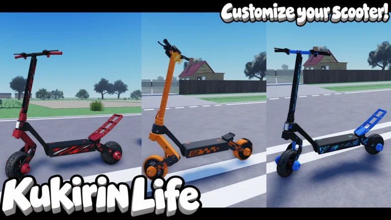 Kukirin Life Roblox thumbnail: three customized scooters and the words Customize your Scooter