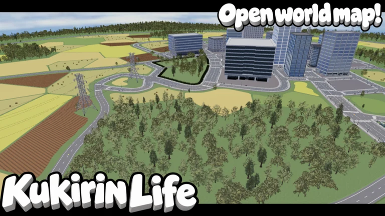 Kukirin Life Roblox thumbnail: aerial view of roads, city buildings, fields and trees