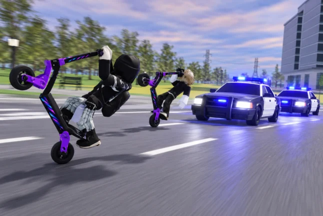 Kukirin Life Roblox thumbnail: two scooter riders doing wheelies with police cars behind them